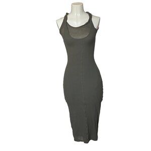 Proenza Schouler Ribbed Olive Green Midi Tank Dress With Sheer Mesh